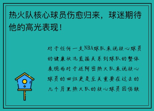 热火队核心球员伤愈归来，球迷期待他的高光表现！