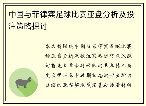 中国与菲律宾足球比赛亚盘分析及投注策略探讨